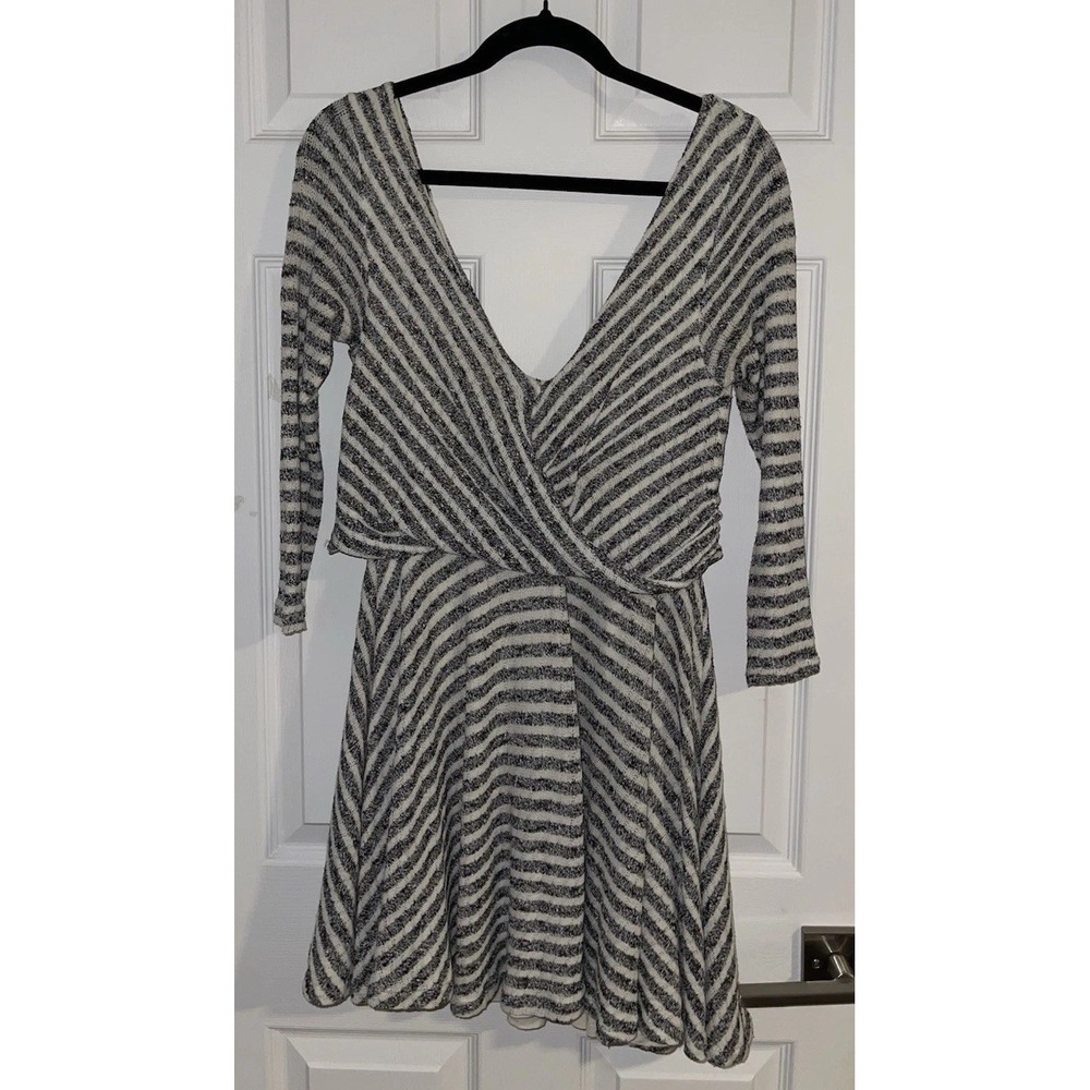 Free People Maverick Short Dress Striped Knit Boho Faux Wrap Gray Cream A-line